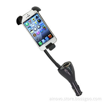 Dual USB car charger holder with cigarette lighter, goose-neck design, PC and ABS materials